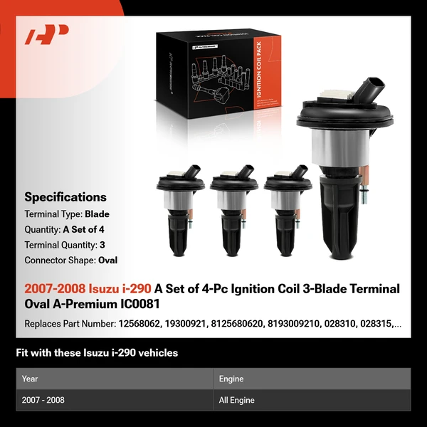 2007-2008 Isuzu i-290 A Set of 4-Pc Ignition Coil 3-Blade Terminal Oval A-Premium IC0081