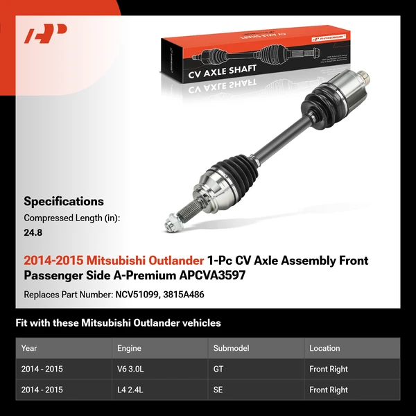 2014-2015 Mitsubishi Outlander 1-Pc CV Axle Assembly Front Passenger Side A-Premium APCVA3597
