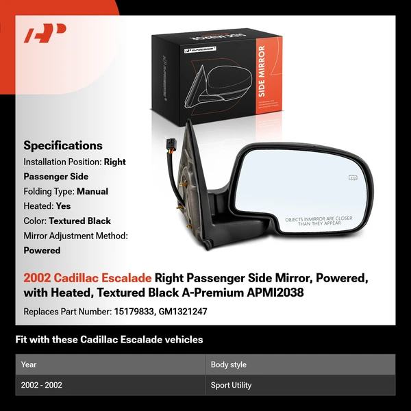 2002 Cadillac Escalade Right Passenger Side Mirror, Powered, with Heated, Textured Black A-Premium APMI2038