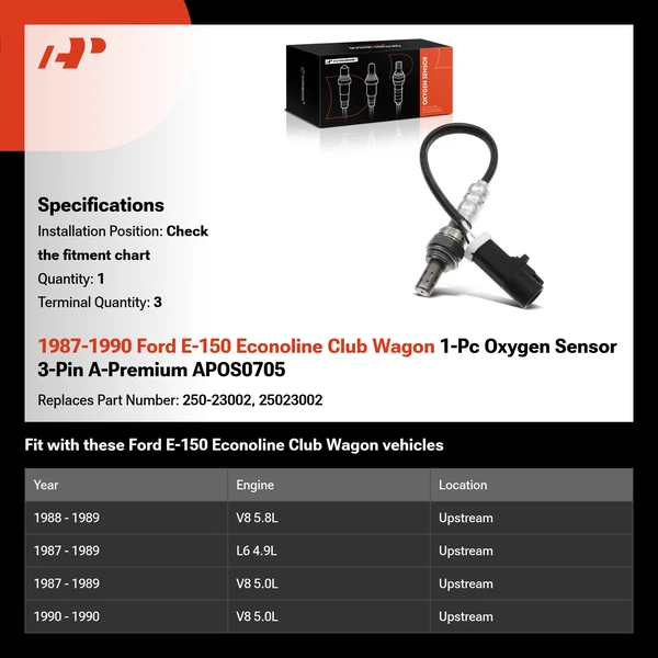 1987-1990 Ford E-150 Econoline Club Wagon 1-Pc Oxygen Sensor 3-Pin A-Premium APOS0705