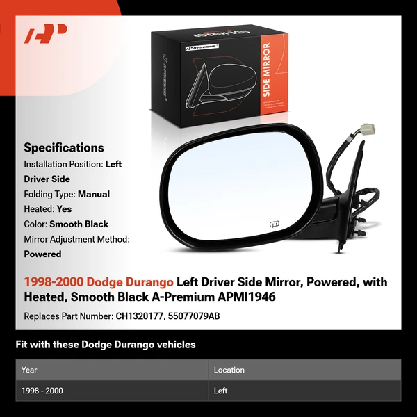 1998-2000 Dodge Durango Left Driver Side Mirror, Powered, with Heated, Smooth Black A-Premium APMI1946