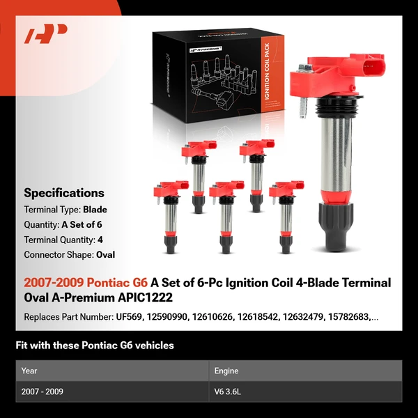 2007-2009 Pontiac G6 A Set of 6-Pc Ignition Coil 4-Blade Terminal Oval A-Premium APIC1222