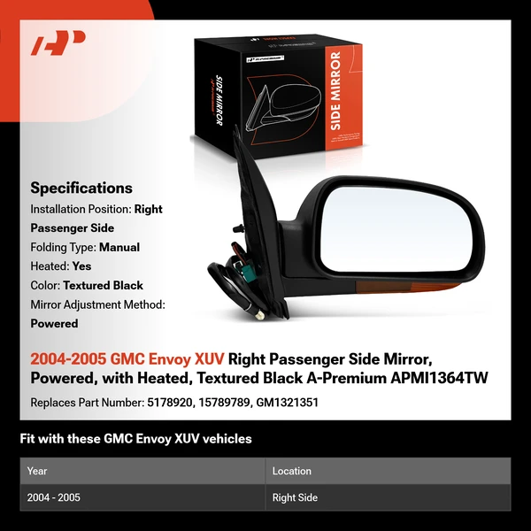 2004-2005 GMC Envoy XUV Right Passenger Side Mirror, Powered, with Heated, Textured Black A-Premium APMI1364TW