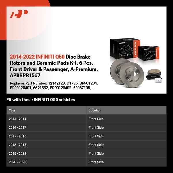 2014-2022 INFINITI Q50 Disc Brake Rotors and Ceramic Pads Kit, 6 Pcs, Front Driver & Passenger, A-Premium, APBRPR1567