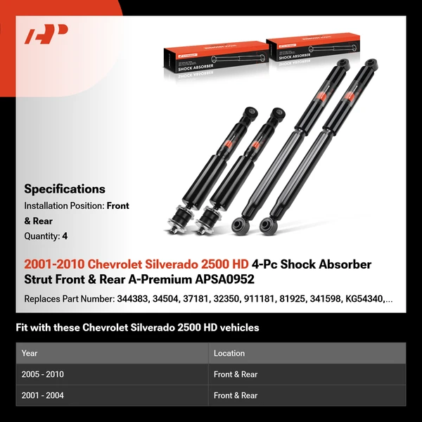 2001-2010 Chevrolet Silverado 2500 HD 4-Pc Shock Absorber Strut Front & Rear A-Premium APSA0952