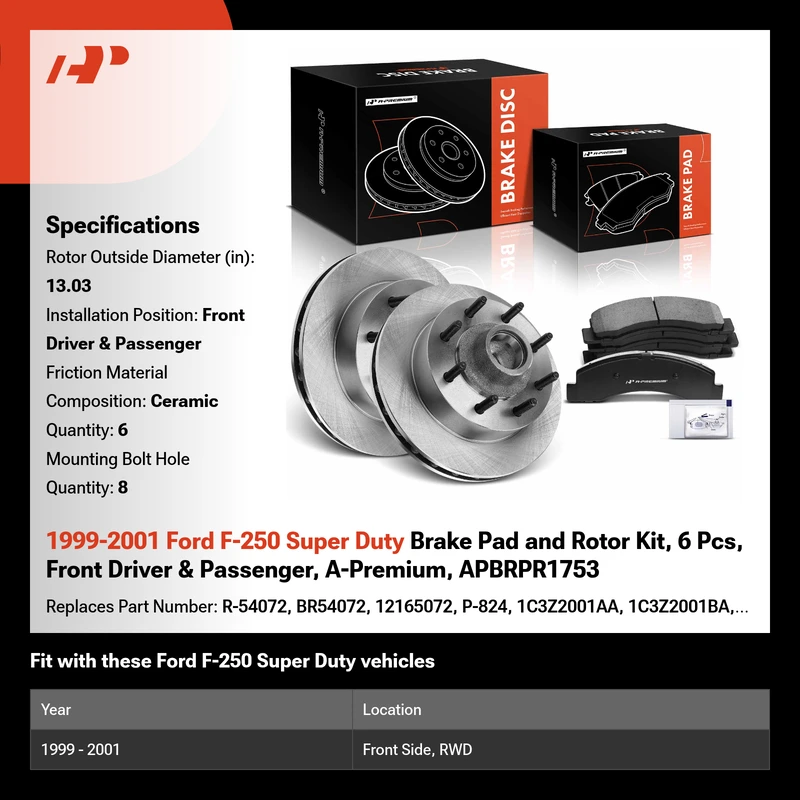 1999-2001 Ford F-250 Super Duty Brake Pad and Rotor Kit, 6 Pcs, Front Driver & Passenger, A-Premium, APBRPR1753