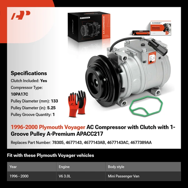 1996-2000 Plymouth Voyager AC Compressor with Clutch with 1-Groove Pulley A-Premium APACC217