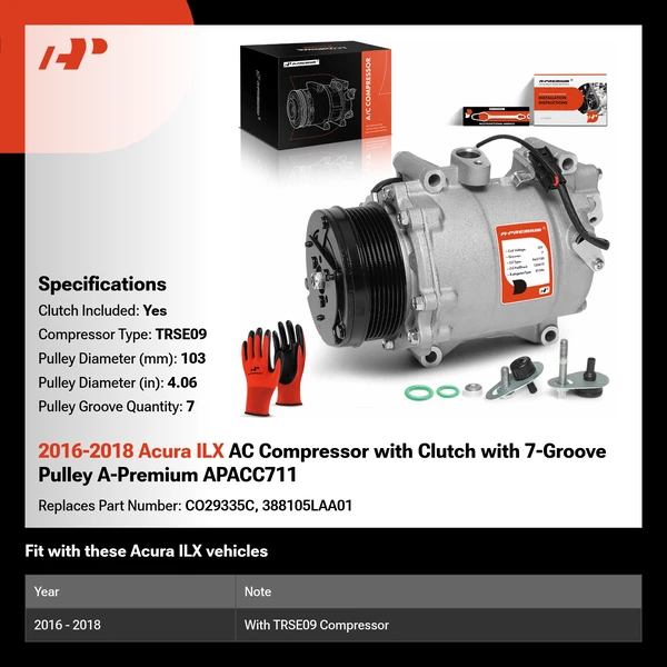 2016-2018 Acura ILX AC Compressor with Clutch with 7-Groove Pulley A-Premium APACC711