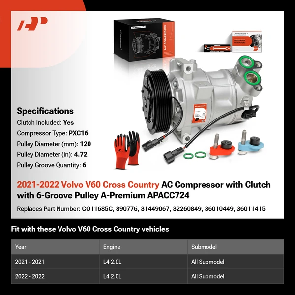 2021-2022 Volvo V60 Cross Country AC Compressor with Clutch with 6-Groove Pulley A-Premium APACC724