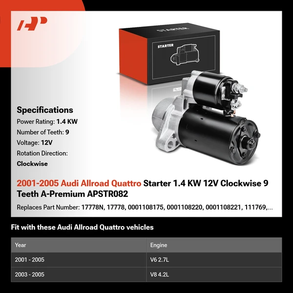 2001-2005 Audi Allroad Quattro Starter 1.4 KW 12V Clockwise 9 Teeth A-Premium APSTR082
