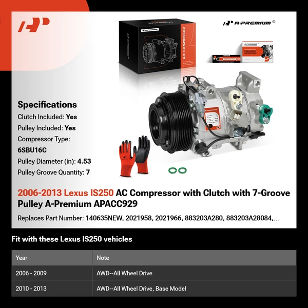 2006-2013 Lexus IS250 AC Compressor with Clutch with 7-Groove Pulley A-Premium APACC929