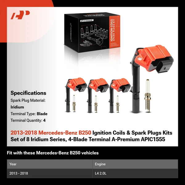 2013-2018 Mercedes-Benz B250 Ignition Coils & Spark Plugs Kits Set of 8 Iridium Series, 4-Blade Terminal A-Premium APIC1555