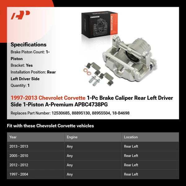 1997-2013 Chevrolet Corvette 1-Pc Brake Caliper Rear Left Driver Side 1-Piston A-Premium APBC4738PG