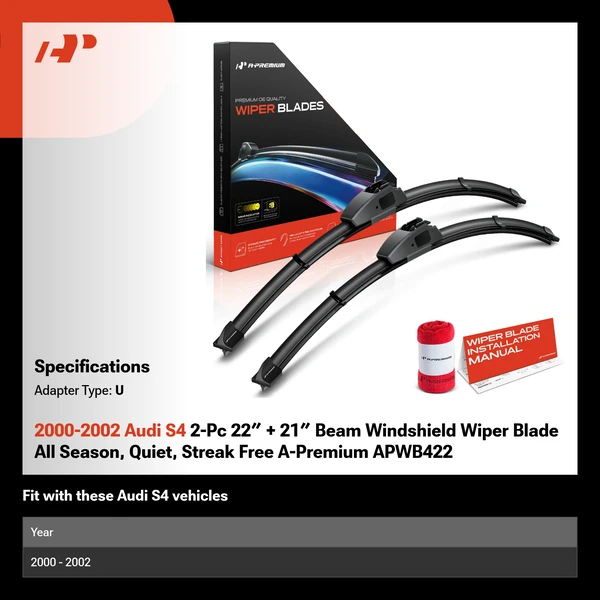2000-2002 Audi S4 2-Pc 22″ + 21″ Beam Windshield Wiper Blade All Season, Quiet, Streak Free A-Premium APWB422