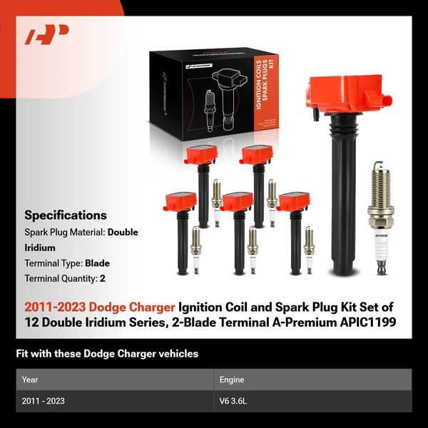 2011-2023 Dodge Charger Ignition Coil and Spark Plug Kit Set of 12 Double Iridium Series, 2-Blade Terminal A-Premium APIC1199