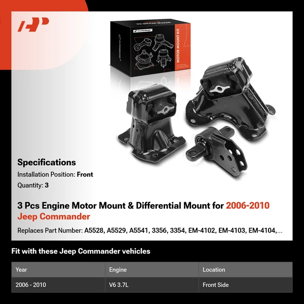 3 Pcs Engine Motor Mount & Differential Mount for 2006-2010 Jeep Commander