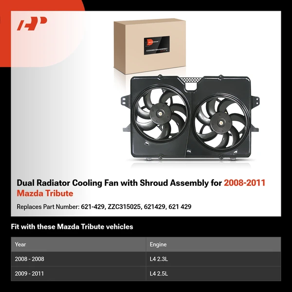 Dual Radiator Cooling Fan with Shroud Assembly for 2008-2011 Mazda Tribute