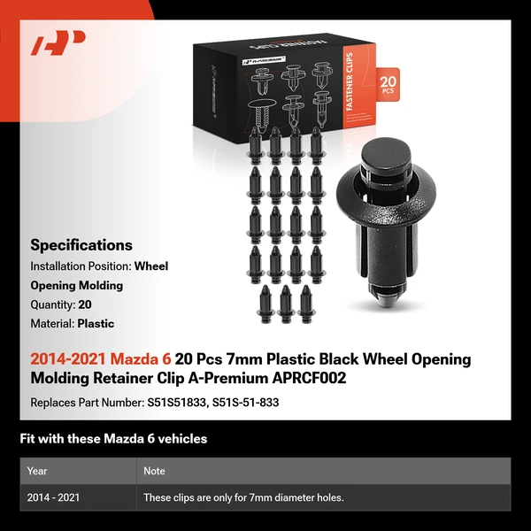 2014-2021 Mazda 6 20 Pcs 7mm Plastic Black Wheel Opening Molding A-Premium APRCF002