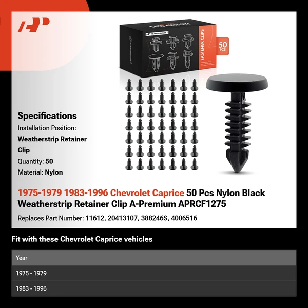 1975-1979 1983-1996 Chevrolet Caprice 50 Pcs Nylon Black Weatherstrip Retainer Clip A-Premium APRCF1275