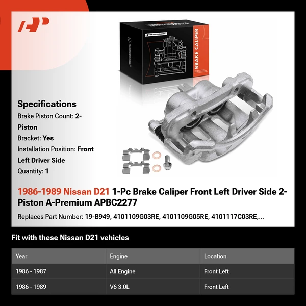1986-1989 Nissan D21 1-Pc Brake Caliper Front Left Driver Side 2-Piston A-Premium APBC2277