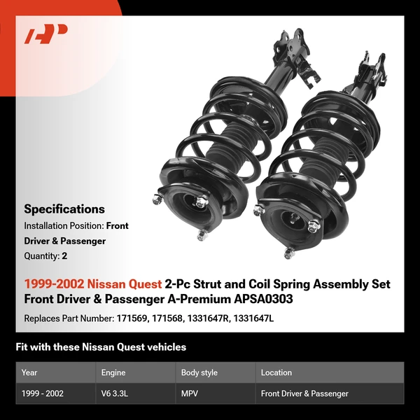 1999-2002 Nissan Quest 2-Pc Strut and Coil Spring Assembly Set Front Driver & Passenger A-Premium APSA0303