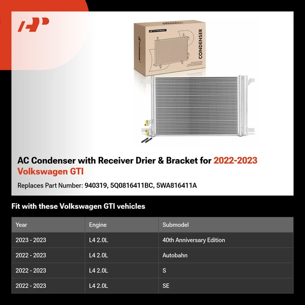 AC Condenser with Receiver Drier & Bracket for 2022-2023 Volkswagen GTI