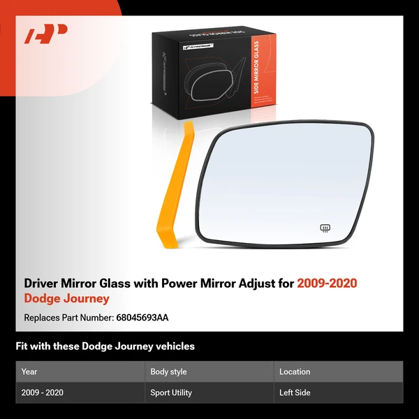 Driver Mirror Glass with Power Mirror Adjust for 2009-2020 Dodge Journey