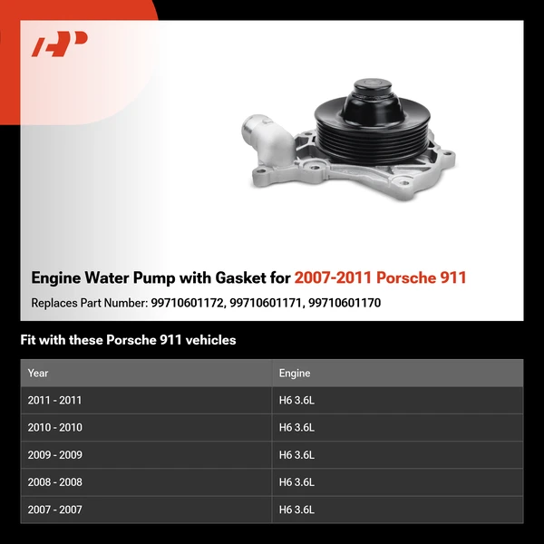 Engine Water Pump with Gasket for 2007-2011 Porsche 911