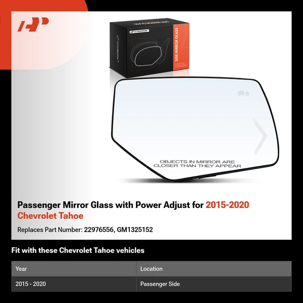 Passenger Mirror Glass with Power Adjust for 2015-2020 Chevrolet Tahoe