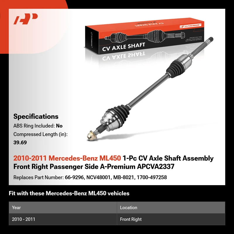 2010-2011 Mercedes-Benz ML450 1-Pc CV Axle Shaft Assembly Front Right Passenger Side A-Premium APCVA2337