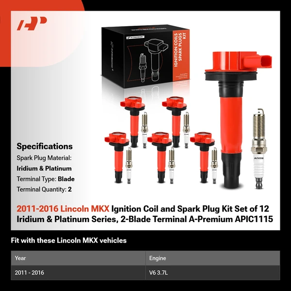 2011-2016 Lincoln MKX Ignition Coil and Spark Plug Kit Set of 12 Iridium & Platinum Series, 2-Blade Terminal A-Premium APIC1115