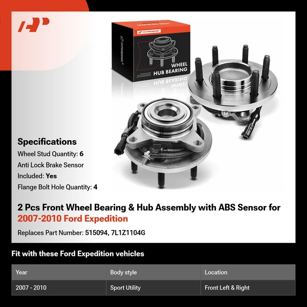 2 Pcs Front Wheel Bearing & Hub Assembly with ABS Sensor for 2007-2010 Ford Expedition