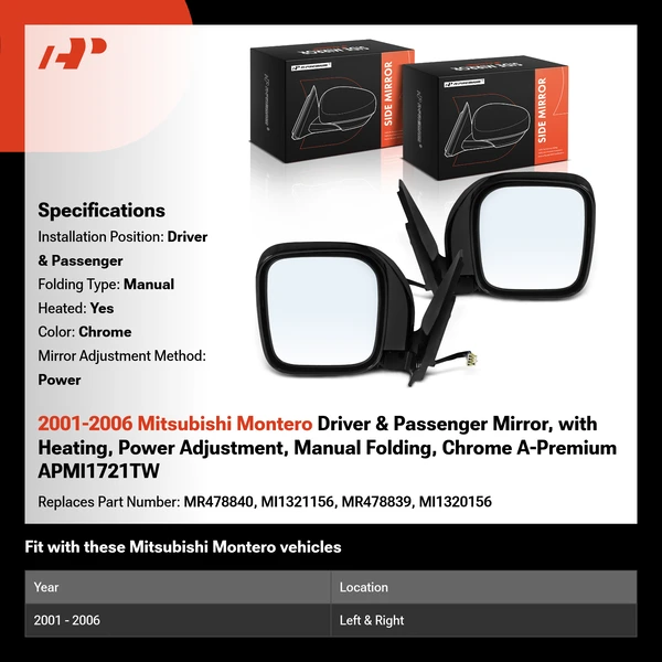 2001-2006 Mitsubishi Montero Driver & Passenger Mirror, with Heating, Power Adjustment, Manual Folding, Chrome A-Premium APMI1721TW