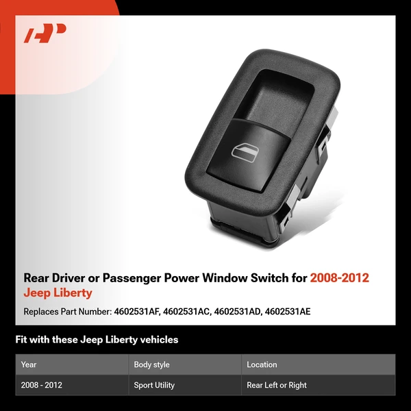 Rear Driver or Passenger Power Window Switch for 2008-2012 Jeep Liberty