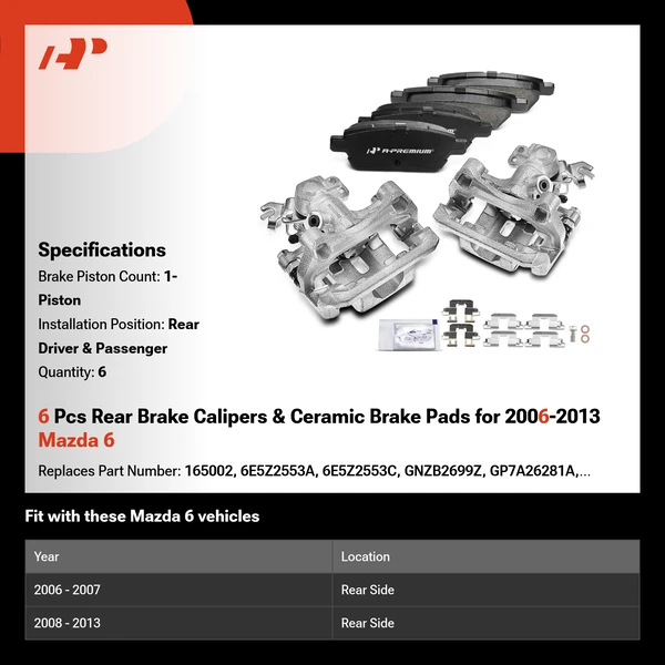 6 Pcs Rear Brake Calipers & Ceramic Brake Pads for 2006-2013 Mazda 6