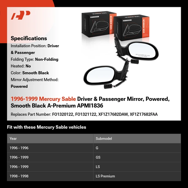 1996-1999 Mercury Sable Driver & Passenger Mirror, Powered, Smooth Black A-Premium APMI1836