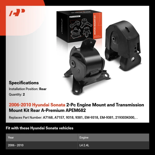2006-2010 Hyundai Sonata 2-Pc Engine Mount and Transmission Mount Kit Rear A-Premium APEM682