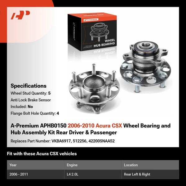 A-Premium APHB0150 2006-2010 Acura CSX Wheel Bearing and Hub Assembly Kit Rear Driver & Passenger