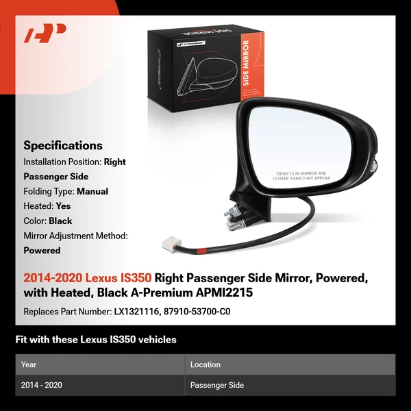 2014-2020 Lexus IS350 Right Passenger Side Mirror, Powered, with Heated, Black A-Premium APMI2215