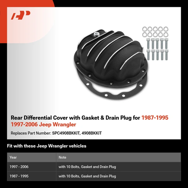 Rear Differential Cover with Gasket & Drain Plug for 1987-1995 1997-2006 Jeep Wrangler