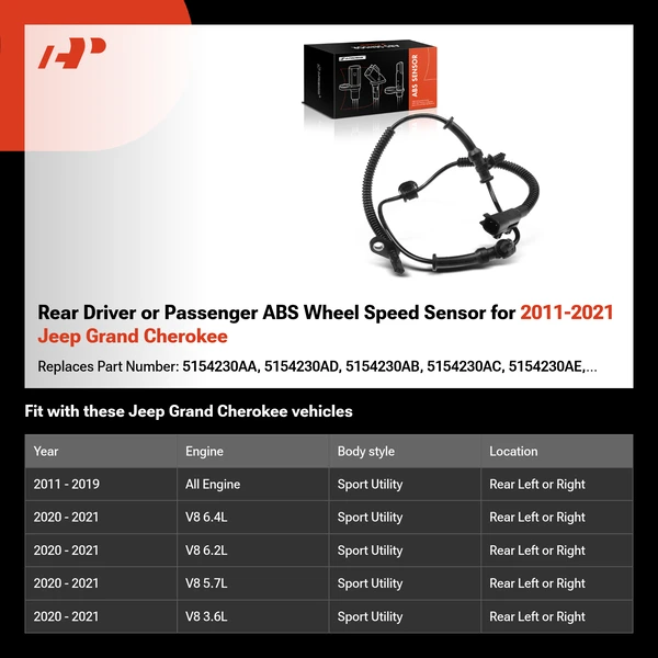 Rear Driver or Passenger ABS Wheel Speed Sensor for 2011-2021 Jeep Grand Cherokee
