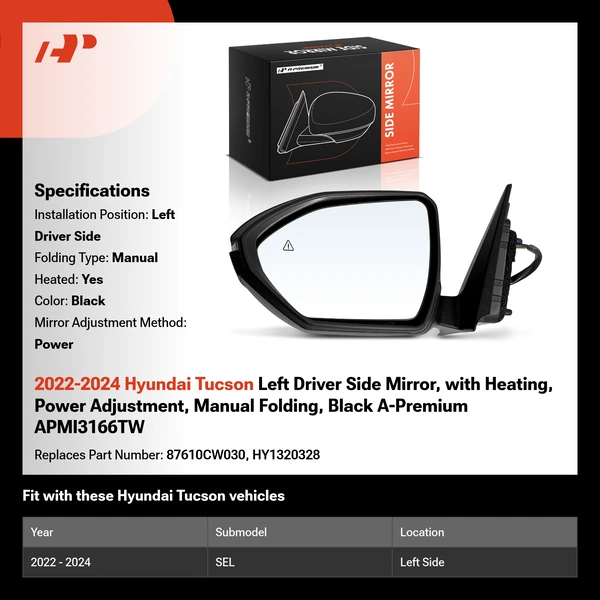 2022-2024 Hyundai Tucson Left Driver Side Mirror, with Heating, Power Adjustment, Manual Folding, Black A-Premium APMI3166TW