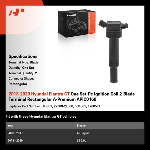 2013-2020 Hyundai Elantra GT One Set-Pc Ignition Coil 2-Blade Terminal Rectangular A-Premium APIC0160
