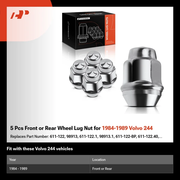 5 Pcs Front or Rear Wheel Lug Nut for 1984-1989 Volvo 244