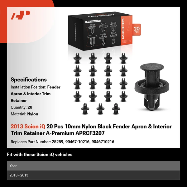 2013 Scion iQ 20 Pcs 10mm Nylon Black Fender Apron & Interior Trim Retainer A-Premium APRCF3207