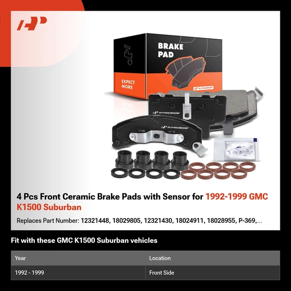 4 Pcs Front Ceramic Brake Pads with Sensor for 1992-1999 GMC K1500 Suburban