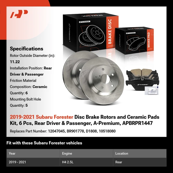 2019-2021 Subaru Forester Disc Brake Rotors and Ceramic Pads Kit, 6 Pcs, Rear Driver & Passenger, A-Premium, APBRPR1447