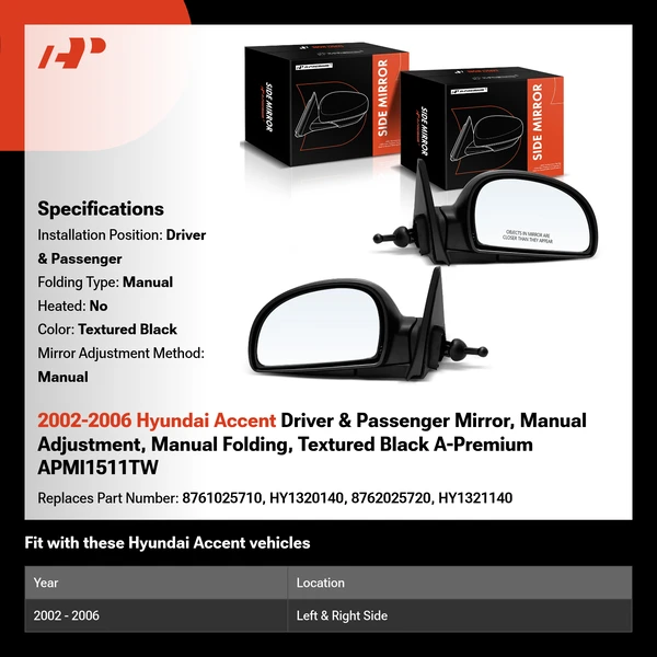 2002-2006 Hyundai Accent Driver & Passenger Mirror, Manual Adjustment, Manual Folding, Textured Black A-Premium APMI1511TW