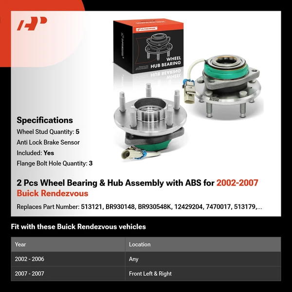 2 Pcs Wheel Bearing & Hub Assembly with ABS for 2002-2007 Buick Rendezvous