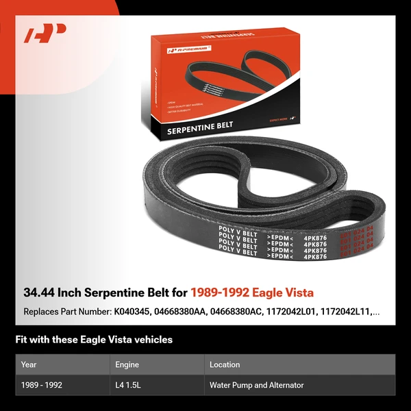 34.44 Inch Serpentine Belt for 1989-1992 Eagle Vista